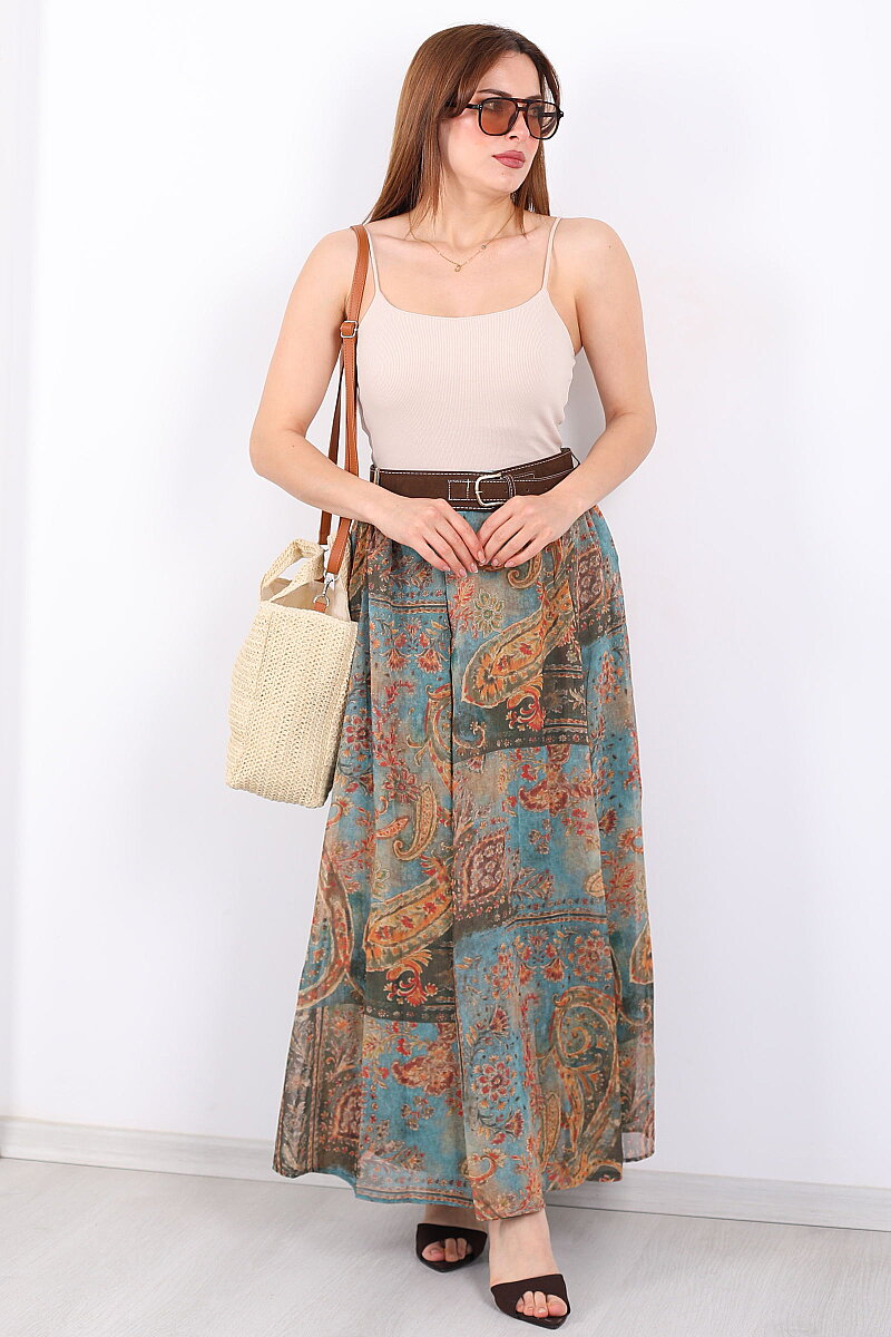 Şal Desenli Kemerli Turkuaz Kadın Maxi Etek - 3