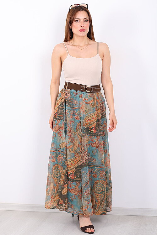 Şal Desenli Kemerli Turkuaz Kadın Maxi Etek - 6