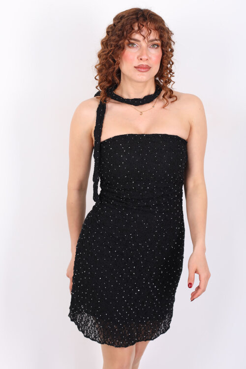 Şal Detaylı Straplez Taşlı Dantel Siyah Kadın Mini Elbise - 6