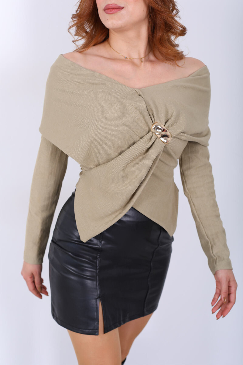 Şal Yaka Broşlu Çağla Yeşili Kadın Ottoman Bluz - 2