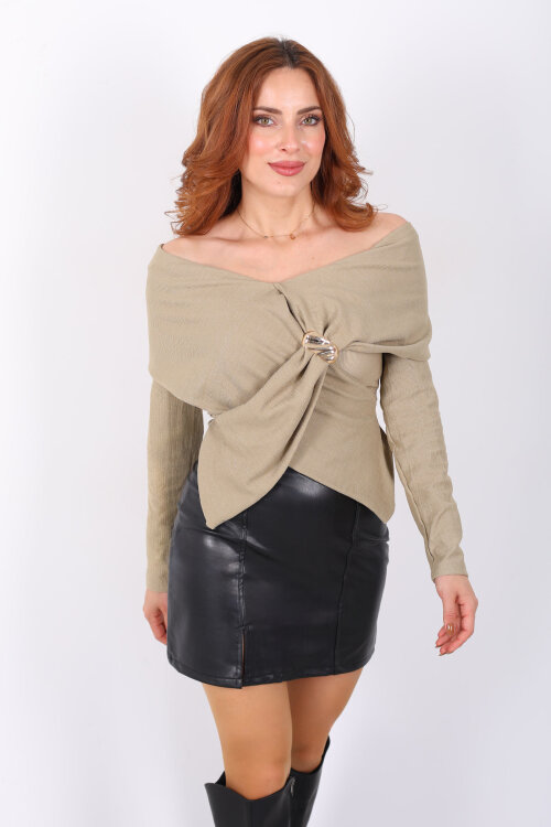 Şal Yaka Broşlu Çağla Yeşili Kadın Ottoman Bluz - 3