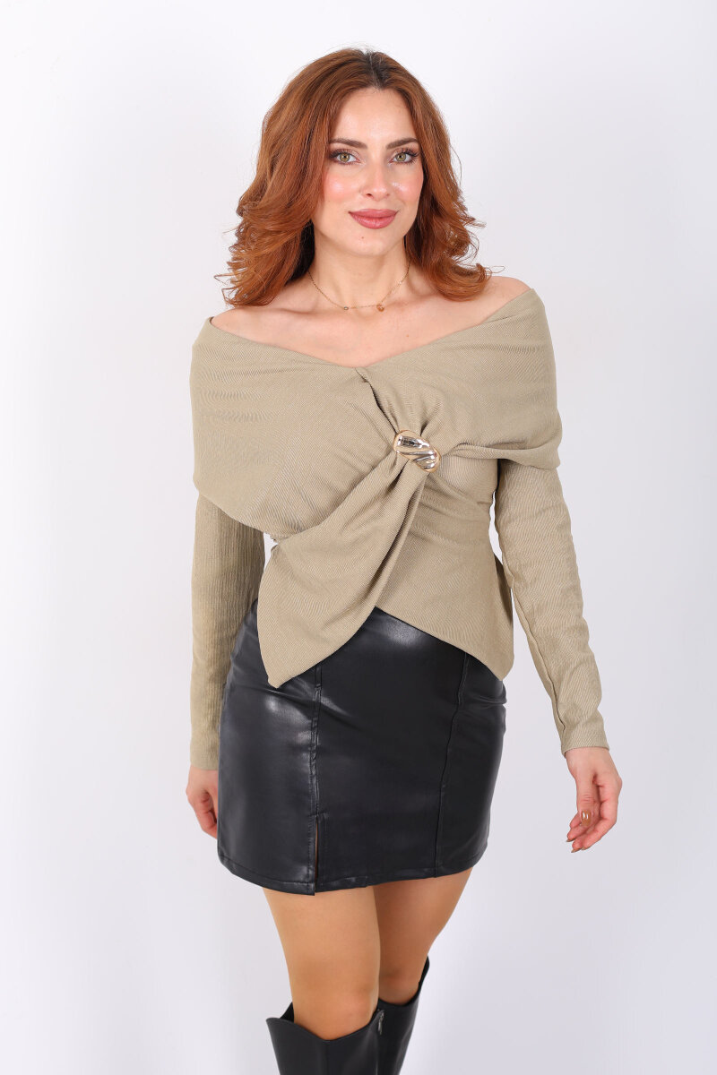 Şal Yaka Broşlu Çağla Yeşili Kadın Ottoman Bluz - 3