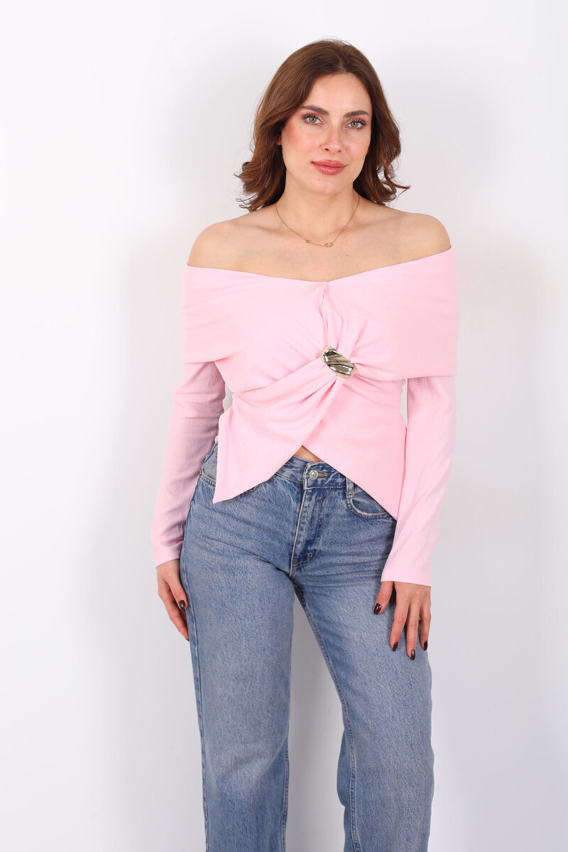 Şal Yaka Broşlu Pembe Kadın Ottoman Bluz - 3