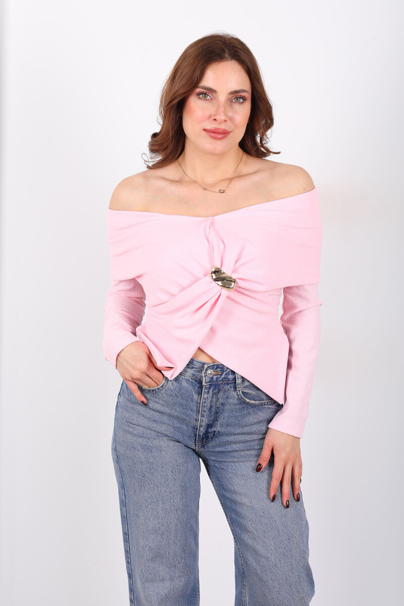 Şal Yaka Broşlu Pembe Kadın Ottoman Bluz - 4