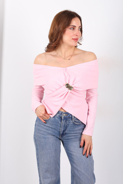 Şal Yaka Broşlu Pembe Kadın Ottoman Bluz - Berox