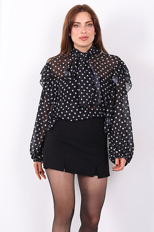 Şal Yaka Fırfırlı Puantiye Desen Siyah Kadın Şifon Bluz - 4