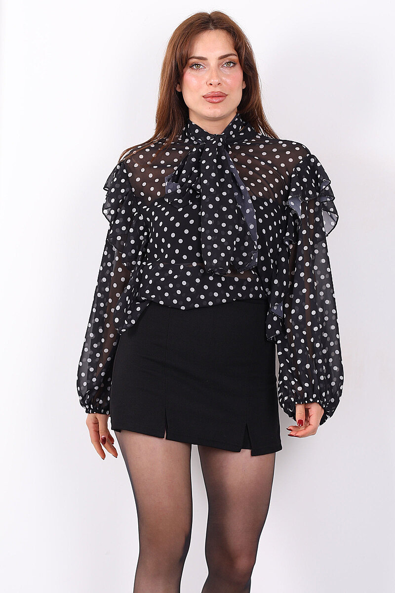 Şal Yaka Fırfırlı Puantiye Desen Siyah Kadın Şifon Bluz - 4