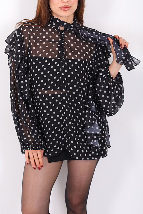 Şal Yaka Fırfırlı Puantiye Desen Siyah Kadın Şifon Bluz - Berox (1)