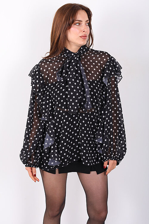 Şal Yaka Fırfırlı Puantiye Desen Siyah Kadın Şifon Bluz - 6