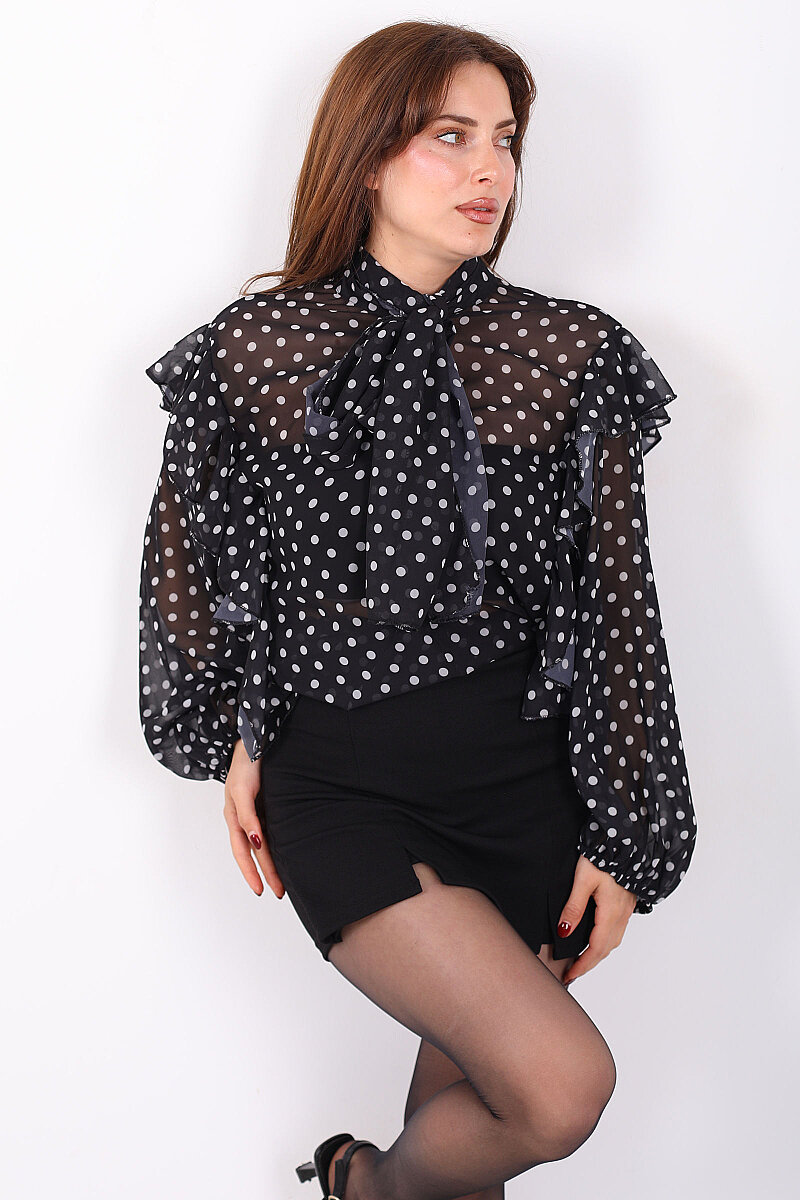 Şal Yaka Fırfırlı Puantiye Desen Siyah Kadın Şifon Bluz - 1