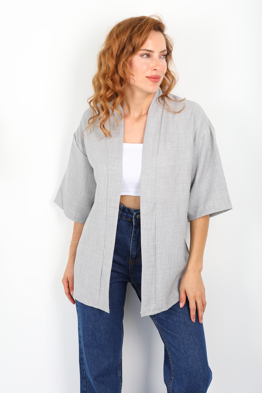 Şal Yaka Keten Gri Kadın Kimono - 3