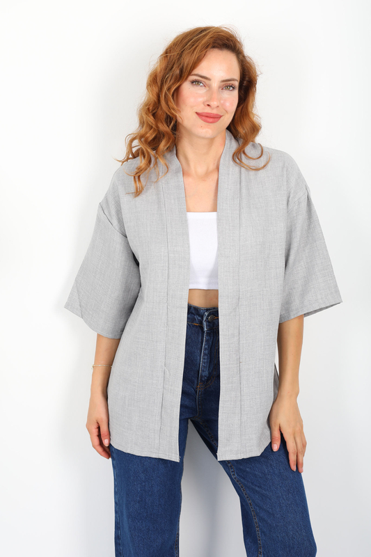 Şal Yaka Keten Gri Kadın Kimono - 1