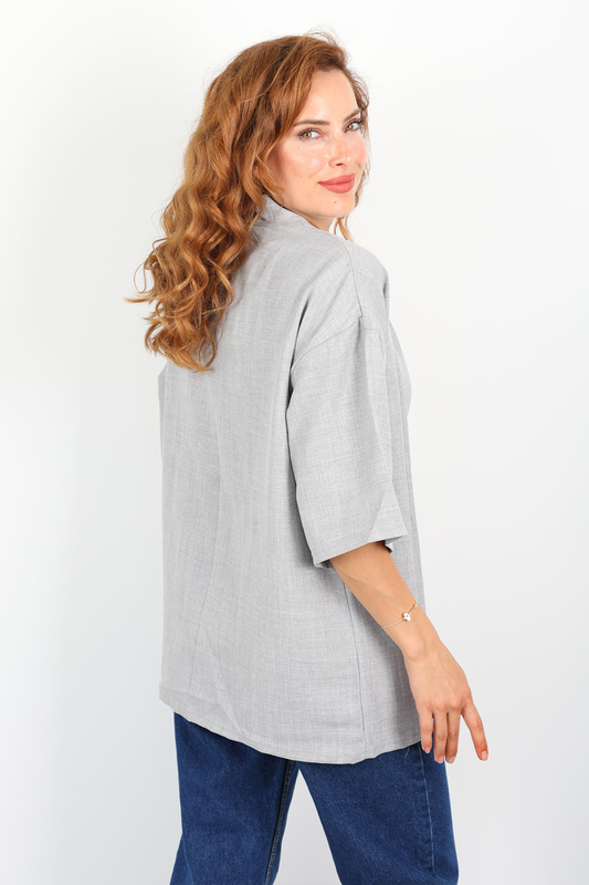 Şal Yaka Keten Gri Kadın Kimono - 4