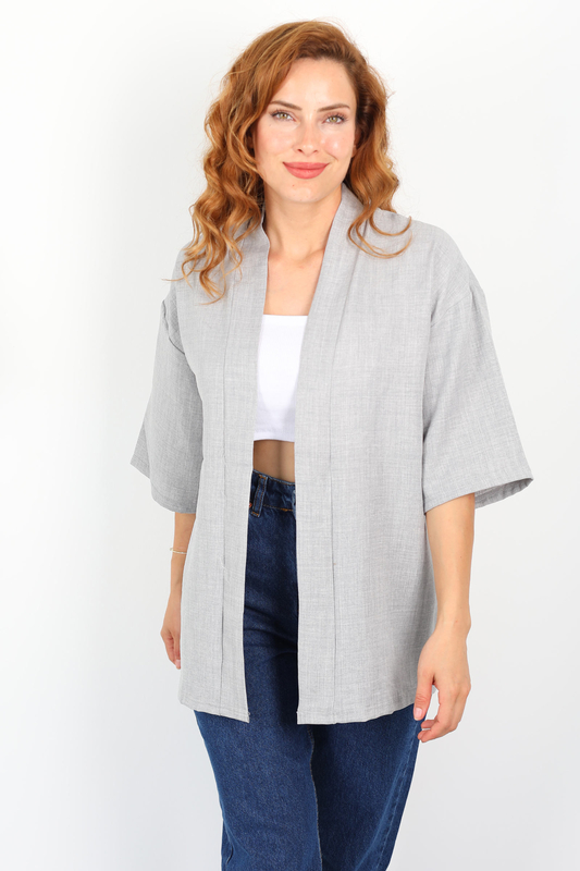 Şal Yaka Keten Gri Kadın Kimono - 2