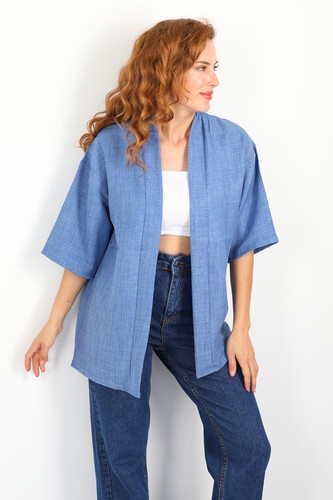 Şal Yaka Keten Mavi Kadın Kimono - Berox (1)
