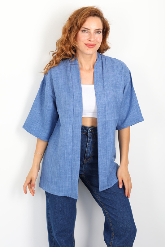 Şal Yaka Keten Mavi Kadın Kimono - 1
