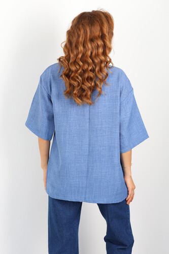 Şal Yaka Keten Mavi Kadın Kimono - 3