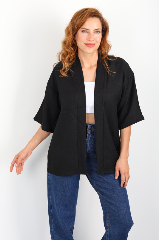 Şal Yaka Keten Siyah Kadın Kimono - 3