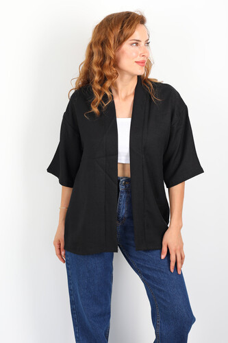 Şal Yaka Keten Siyah Kadın Kimono - 2
