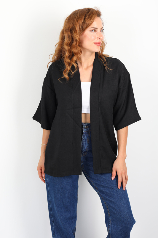 Şal Yaka Keten Siyah Kadın Kimono - 2