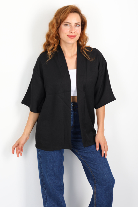 Şal Yaka Keten Siyah Kadın Kimono - 1