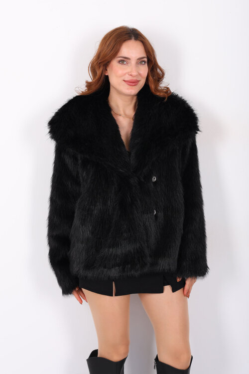 Şal Yaka Patlı Siyah Kadın Kürk - 7