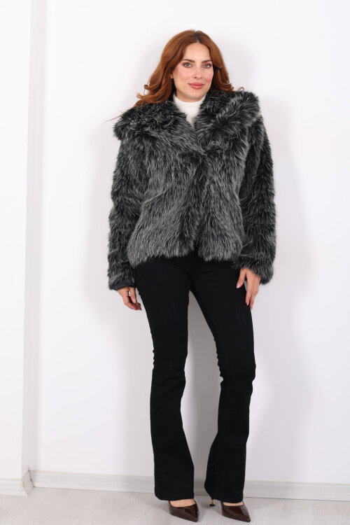 Şal Yakalı Saçaklı Siyah Melanj Kadın Kürk Kaban - 5