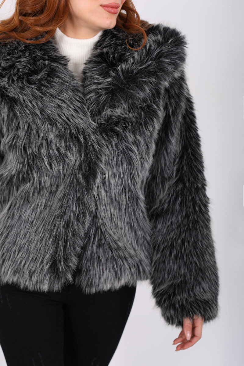 Şal Yakalı Saçaklı Siyah Melanj Kadın Kürk Kaban - 2