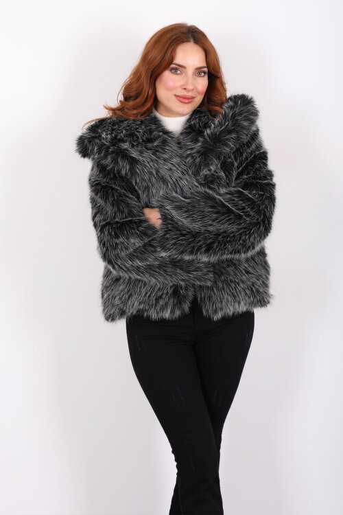 Şal Yakalı Saçaklı Siyah Melanj Kadın Kürk Kaban - 4