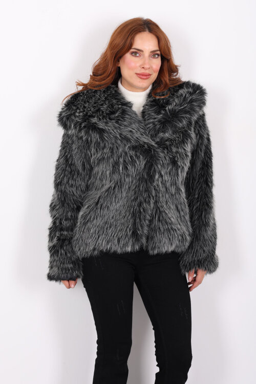 Şal Yakalı Saçaklı Siyah Melanj Kadın Kürk Kaban - 7