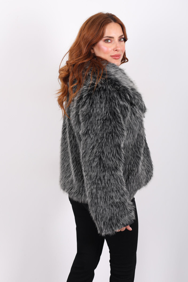 Şal Yakalı Saçaklı Siyah Melanj Kadın Kürk Kaban - 6