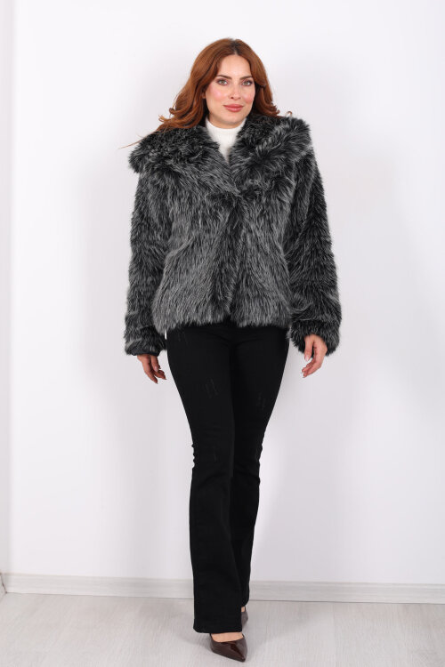 Şal Yakalı Saçaklı Siyah Melanj Kadın Kürk Kaban - 3