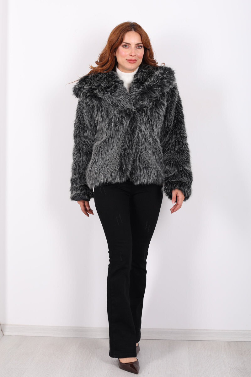 Şal Yakalı Saçaklı Siyah Melanj Kadın Kürk Kaban - 3