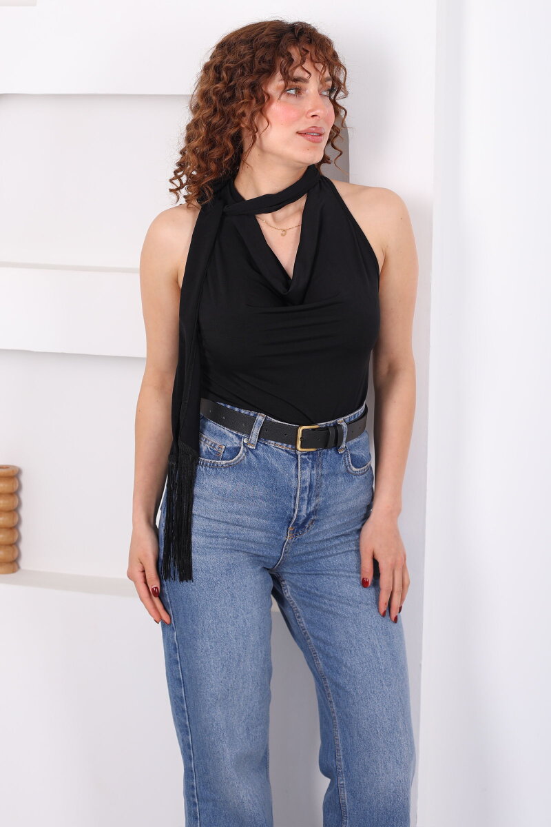 Şalı Püsküllü Degaje Yaka Kolsuz Siyah Kadın Bluz - 6