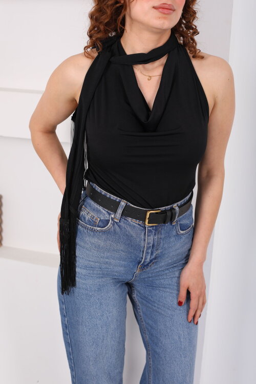 Şalı Püsküllü Degaje Yaka Kolsuz Siyah Kadın Bluz - Berox (1)