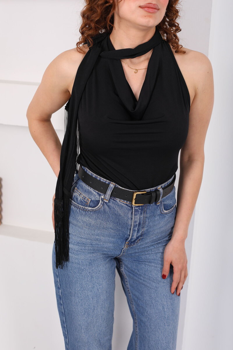 Şalı Püsküllü Degaje Yaka Kolsuz Siyah Kadın Bluz - 2