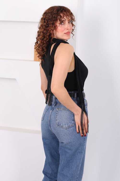 Şalı Püsküllü Degaje Yaka Kolsuz Siyah Kadın Bluz - 5