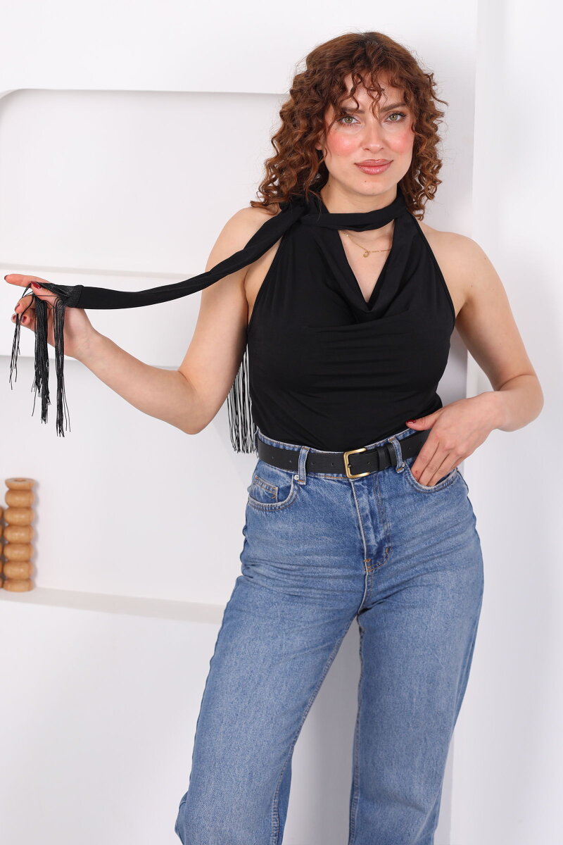 Şalı Püsküllü Degaje Yaka Kolsuz Siyah Kadın Bluz - 4