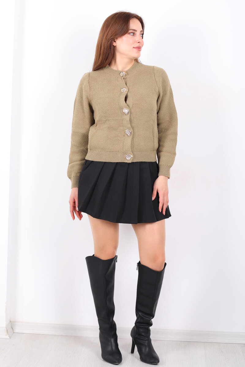 Salyangoz Aksesuarlı Kadın Haki Triko Hırka - 5