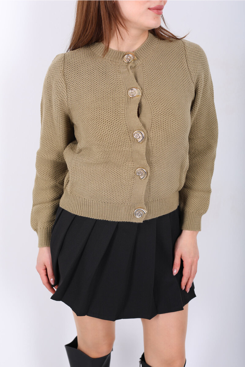 Salyangoz Aksesuarlı Kadın Haki Triko Hırka - 2