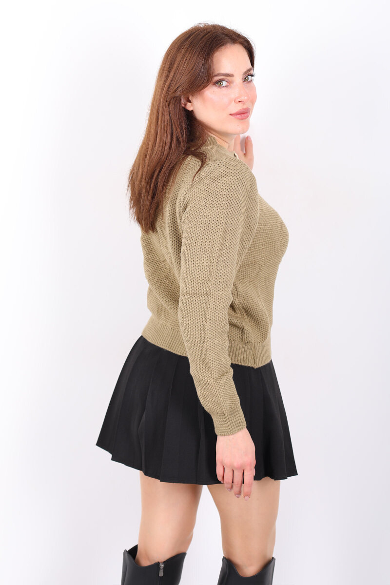 Salyangoz Aksesuarlı Kadın Haki Triko Hırka - 6