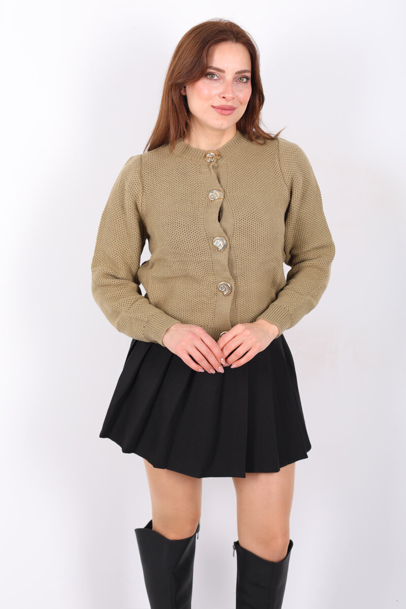 Salyangoz Aksesuarlı Kadın Haki Triko Hırka - 4