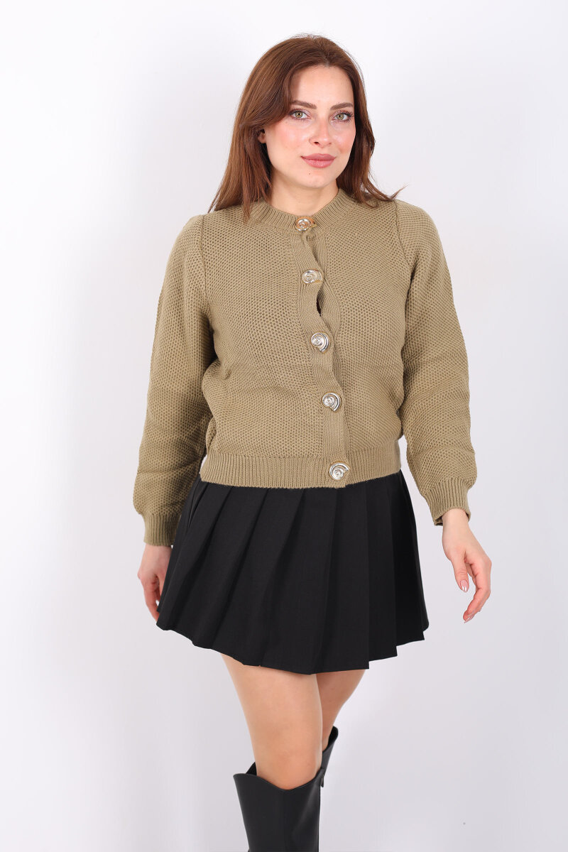 Salyangoz Aksesuarlı Kadın Haki Triko Hırka - 7