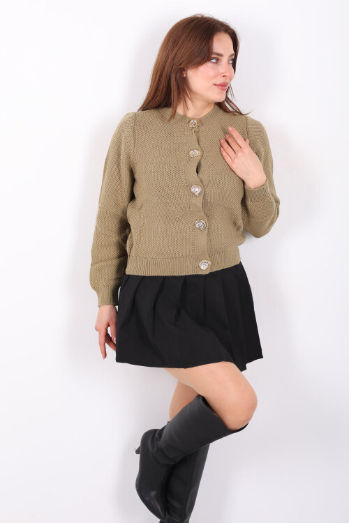 Salyangoz Aksesuarlı Kadın Haki Triko Hırka - 3