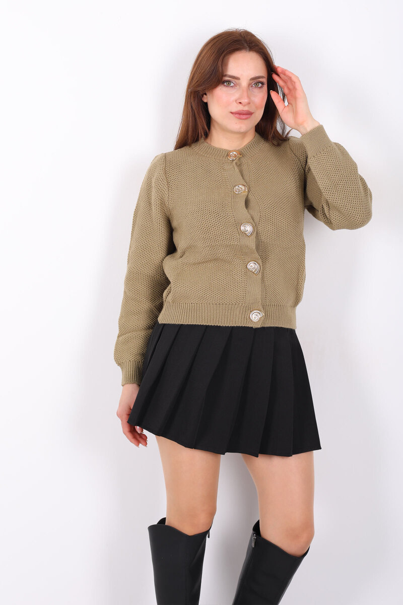 Salyangoz Aksesuarlı Kadın Haki Triko Hırka - 1