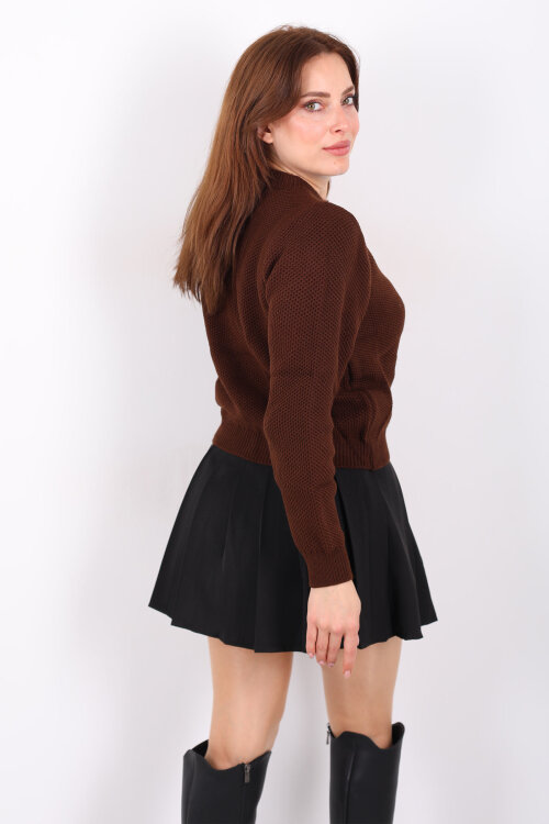 Salyangoz Aksesuarlı Kadın Kahverengi Triko Hırka - 5