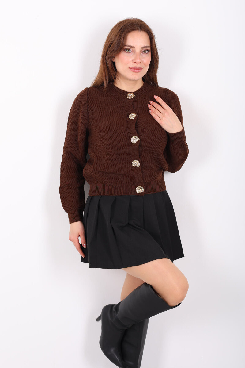 Salyangoz Aksesuarlı Kadın Kahverengi Triko Hırka - 1