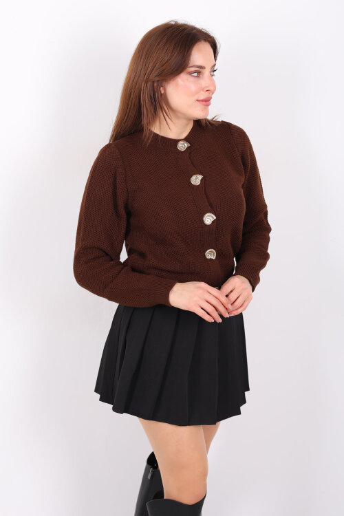 Salyangoz Aksesuarlı Kadın Kahverengi Triko Hırka - 4