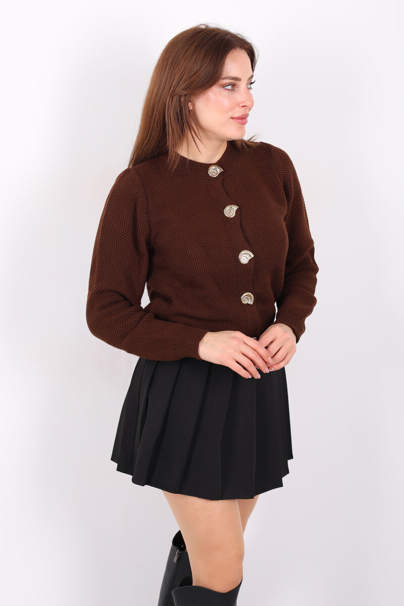 Salyangoz Aksesuarlı Kadın Kahverengi Triko Hırka - 4