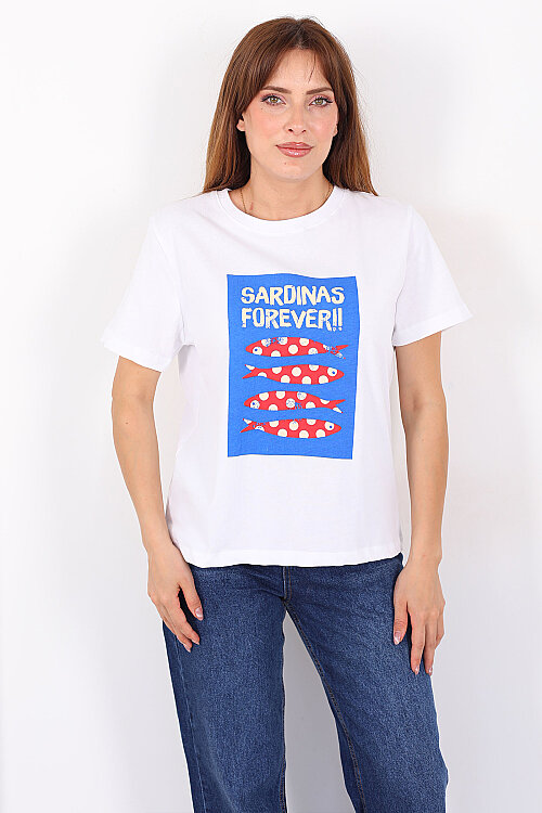Sardina Baskılı Beyaz Kadın T-Shirt - Berox
